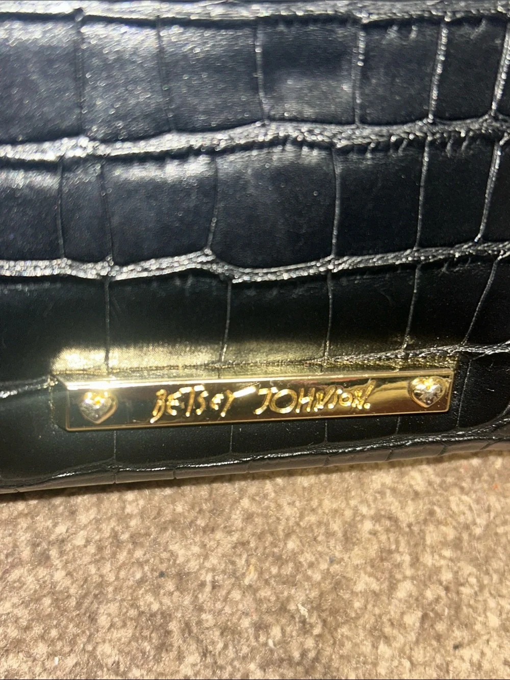 Betsey Johnson Black Croc-Embossed Wristlet Phone Case with Detachable Strap